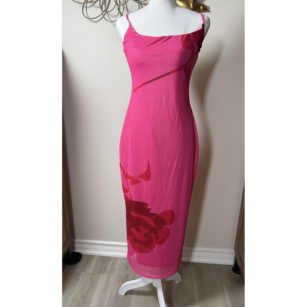 Cupshe Pink Mesh Maxi Dress Medium Sheer Bodycon Spaghetti Strap Cover Up